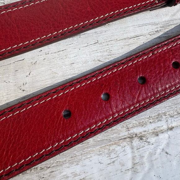 Fossil Leather Belt Sz Med Red 31” Metal Buckle Western Boho Earthy Classic - Picture 7 of 12